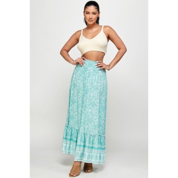 Green Tea Floral Gypsy Boho Bohemian Border Full Length Ruffle Casual Maxi Skirt - Picture 2 of 3